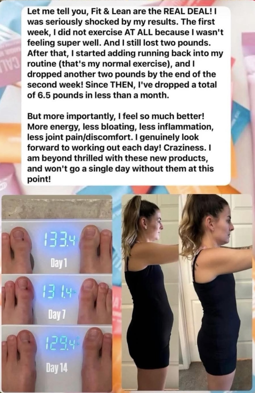 Side-by-side transformation images of a customer, showing improved energy, hydration, and weight loss results.