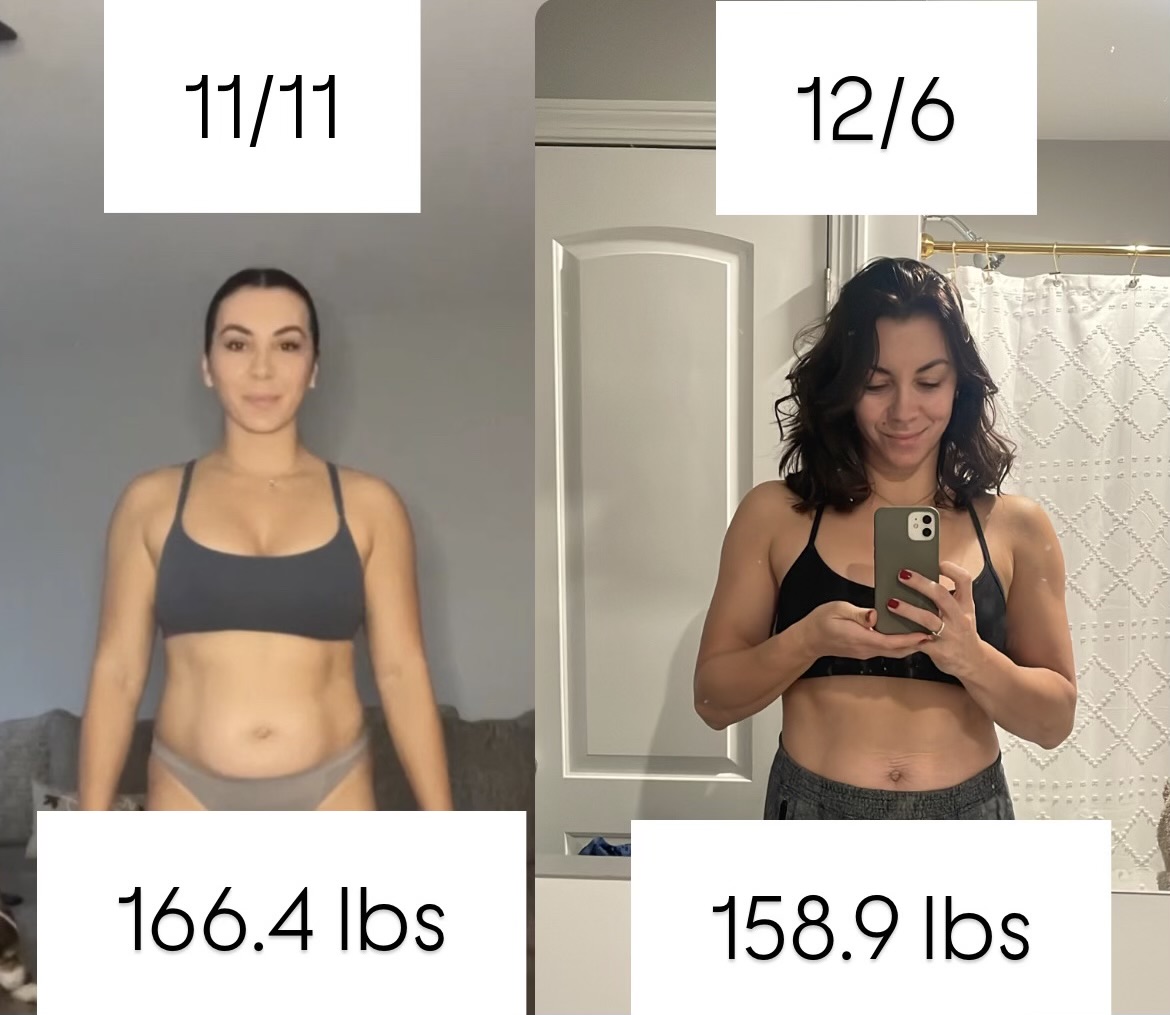 Testimonial overlay on an image of a toned, fit customer: ‘I finally broke through my plateau thanks to Make Wellness!’